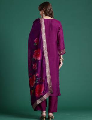Purple embroidered silk blend kurta trouser dupatta set 2