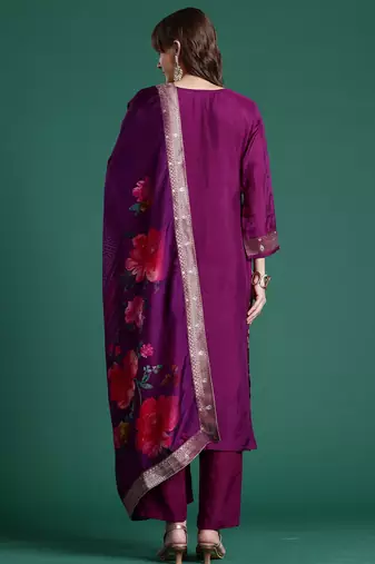 Purple embroidered silk blend kurta trouser dupatta set