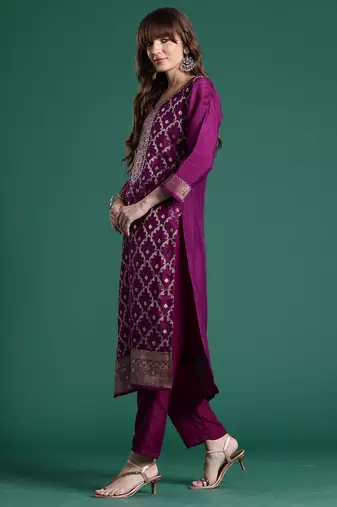 Purple embroidered silk blend kurta trouser dupatta set