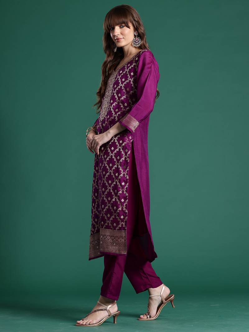 Purple embroidered silk blend kurta trouser dupatta set