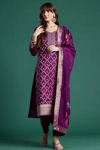 Purple embroidered silk blend kurta trouser dupatta set