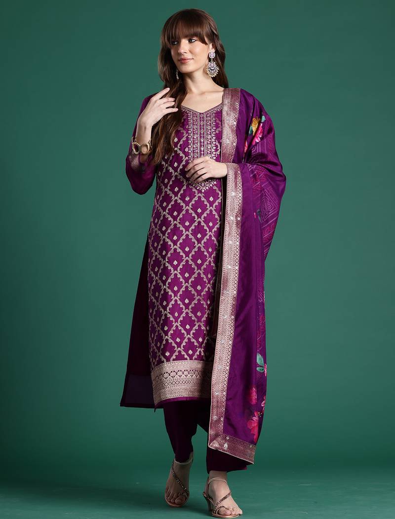 Purple embroidered silk blend kurta trouser dupatta set