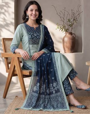Sea green printed pure cotton kurta trouser dupatta set 1