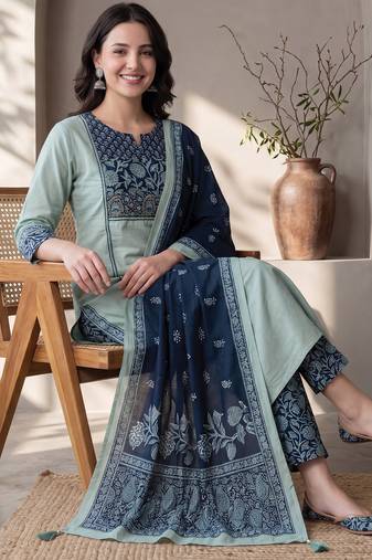 Sea green printed pure cotton kurta trouser dupatta set