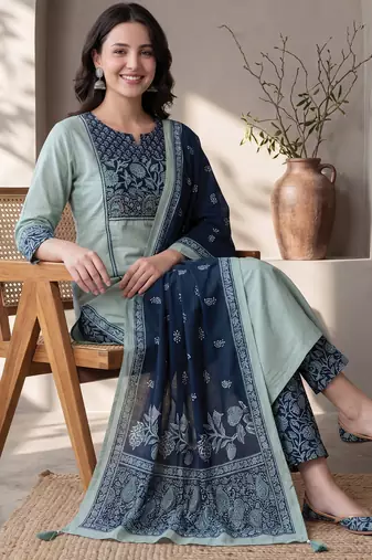 Sea green printed pure cotton kurta trouser dupatta set
