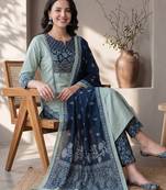 Sea green printed pure cotton kurta trouser dupatta set
