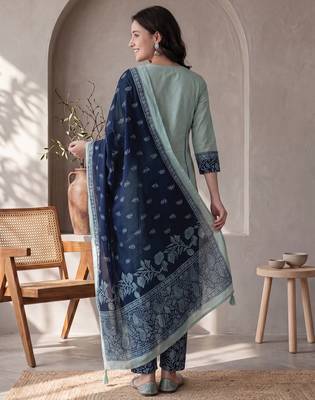 Sea green printed pure cotton kurta trouser dupatta set 2