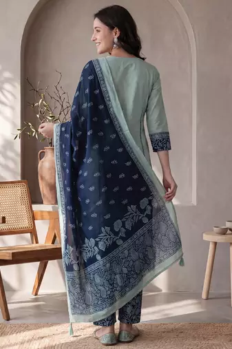 Sea green printed pure cotton kurta trouser dupatta set