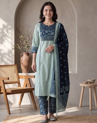 Sea green printed pure cotton kurta trouser dupatta set 3