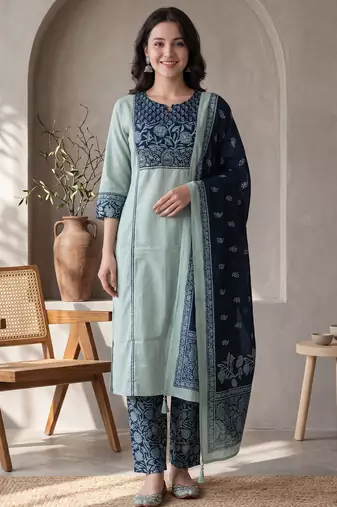 Sea green printed pure cotton kurta trouser dupatta set