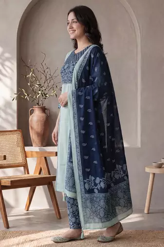 Sea green printed pure cotton kurta trouser dupatta set