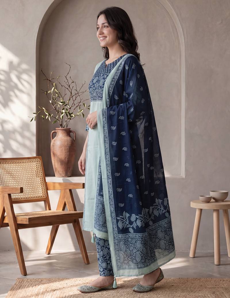 Sea green printed pure cotton kurta trouser dupatta set
