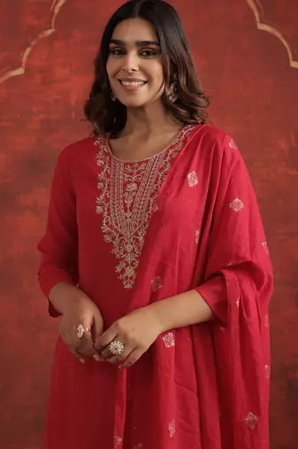 Pink embroidered silk blend kurta trouser dupatta set