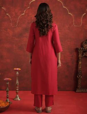 Pink embroidered silk blend kurta trouser dupatta set 2