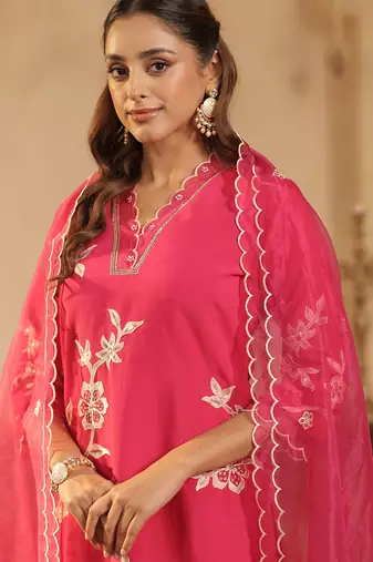 Pink embroidered silk blend kurta trouser dupatta set