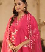 Pink embroidered silk blend kurta trouser dupatta set