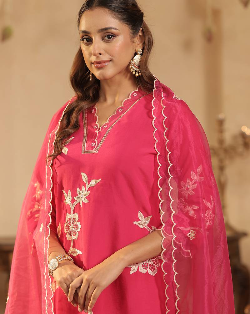Pink embroidered silk blend kurta trouser dupatta set