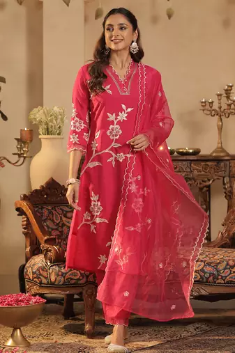 Pink embroidered silk blend kurta trouser dupatta set