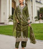 Green embroidered silk blend kurta trouser dupatta set