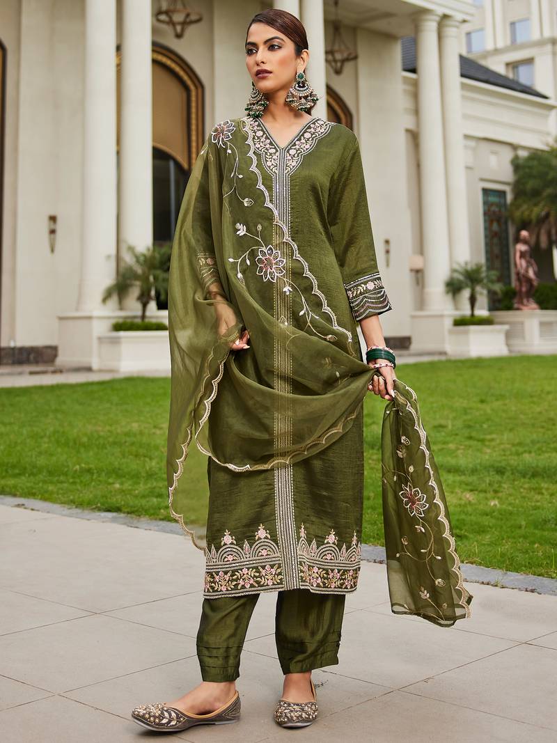 Green embroidered silk blend kurta trouser dupatta set