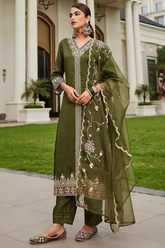 Green embroidered silk blend kurta trouser dupatta set