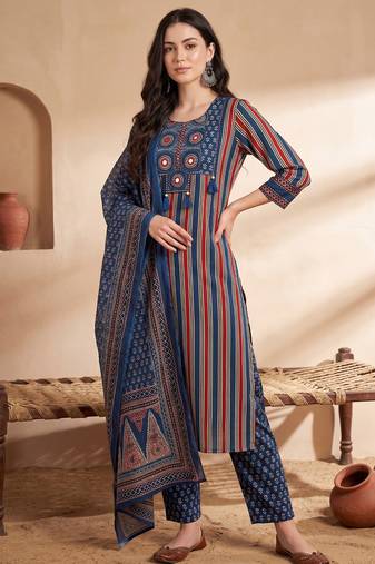 Blue printed pure cotton kurta trouser dupatta set
