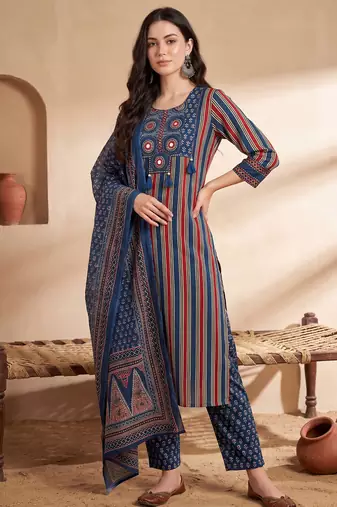 Blue printed pure cotton kurta trouser dupatta set