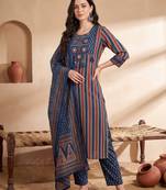 Blue printed pure cotton kurta trouser dupatta set
