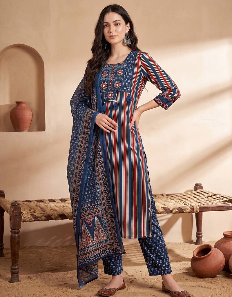 Blue printed pure cotton kurta trouser dupatta set