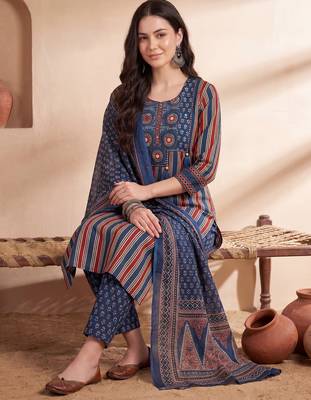 Blue printed pure cotton kurta trouser dupatta set 2