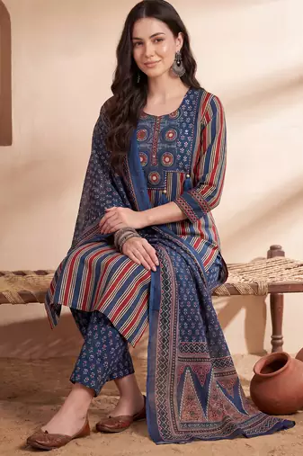 Blue printed pure cotton kurta trouser dupatta set