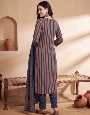 Blue printed pure cotton kurta trouser dupatta set 3