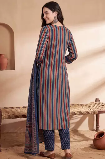 Blue printed pure cotton kurta trouser dupatta set