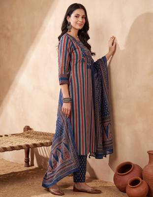 Blue printed pure cotton kurta trouser dupatta set 4
