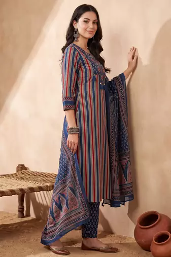 Blue printed pure cotton kurta trouser dupatta set