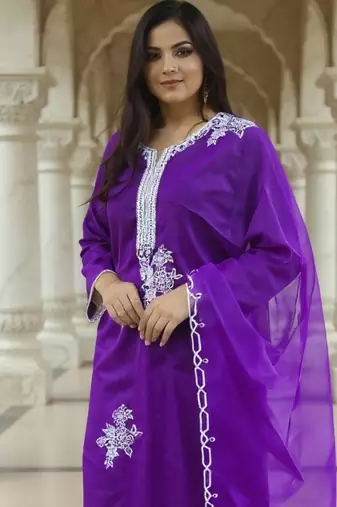 Purple embroidered liva kurta trouser dupatta set