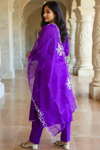 Purple embroidered liva kurta trouser dupatta set