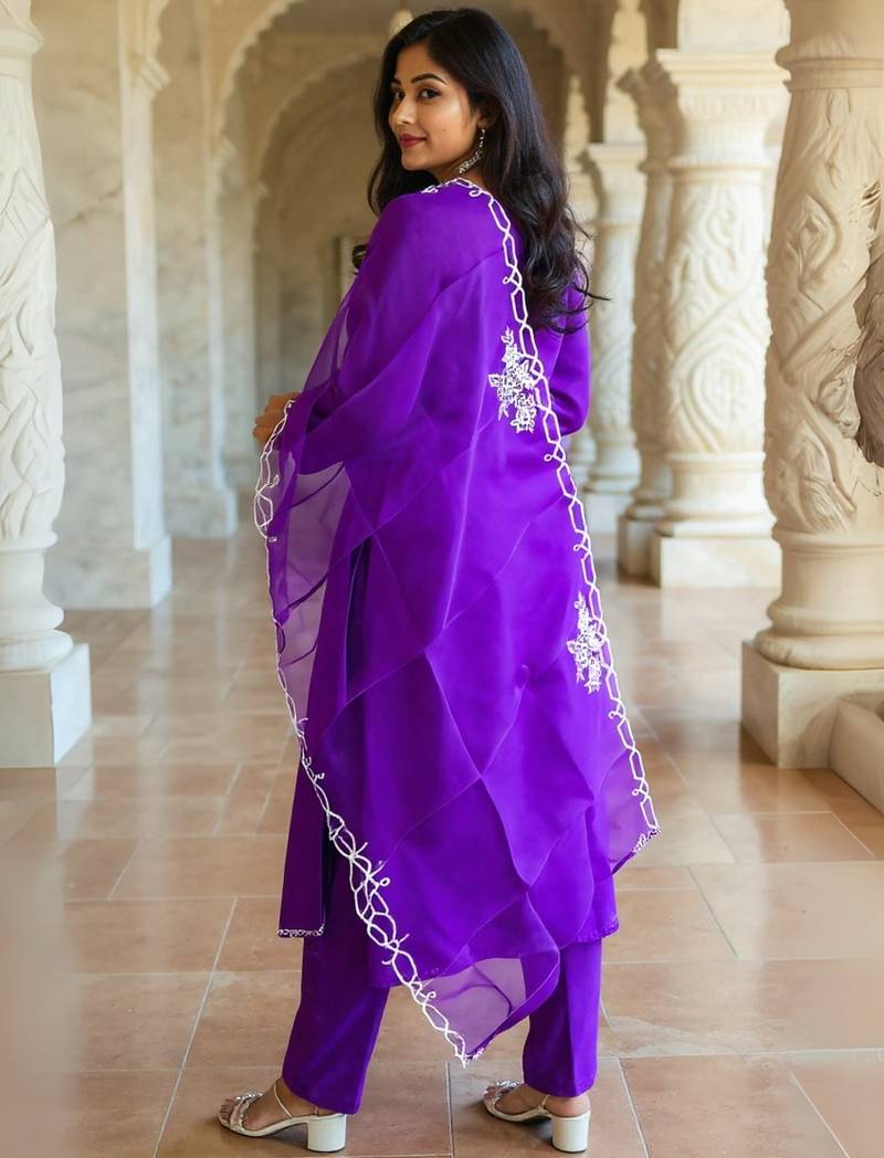 Purple embroidered liva kurta trouser dupatta set