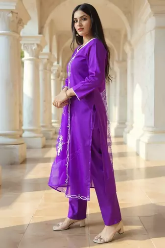 Purple embroidered liva kurta trouser dupatta set