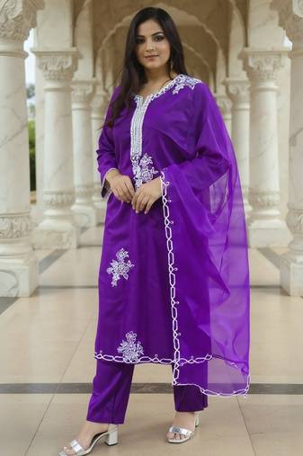 Purple embroidered liva kurta trouser dupatta set