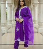 Purple embroidered liva kurta trouser dupatta set