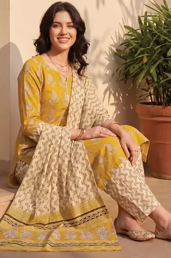 Mustard printed pure cotton kurta trouser dupatta set