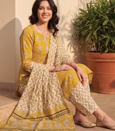 Mustard printed pure cotton kurta trouser dupatta set