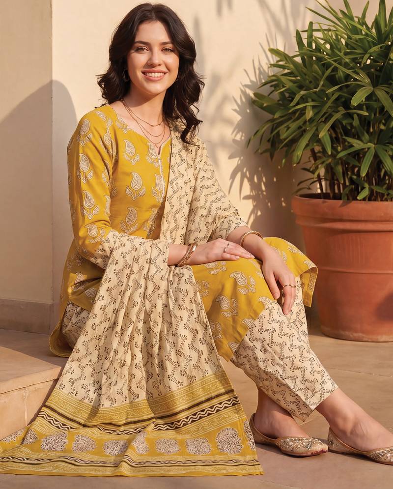 Mustard printed pure cotton kurta trouser dupatta set