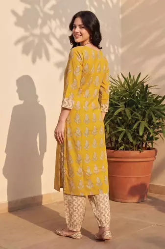 Mustard printed pure cotton kurta trouser dupatta set