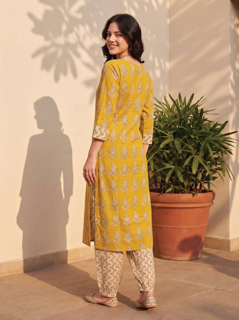 Mustard printed pure cotton kurta trouser dupatta set