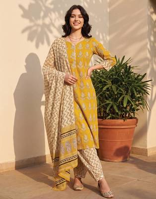Mustard printed pure cotton kurta trouser dupatta set 1