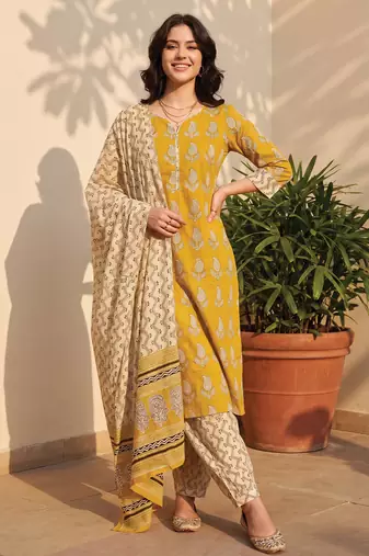 Mustard printed pure cotton kurta trouser dupatta set