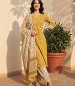 Mustard printed pure cotton kurta trouser dupatta set
