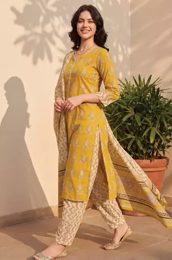 Mustard printed pure cotton kurta trouser dupatta set